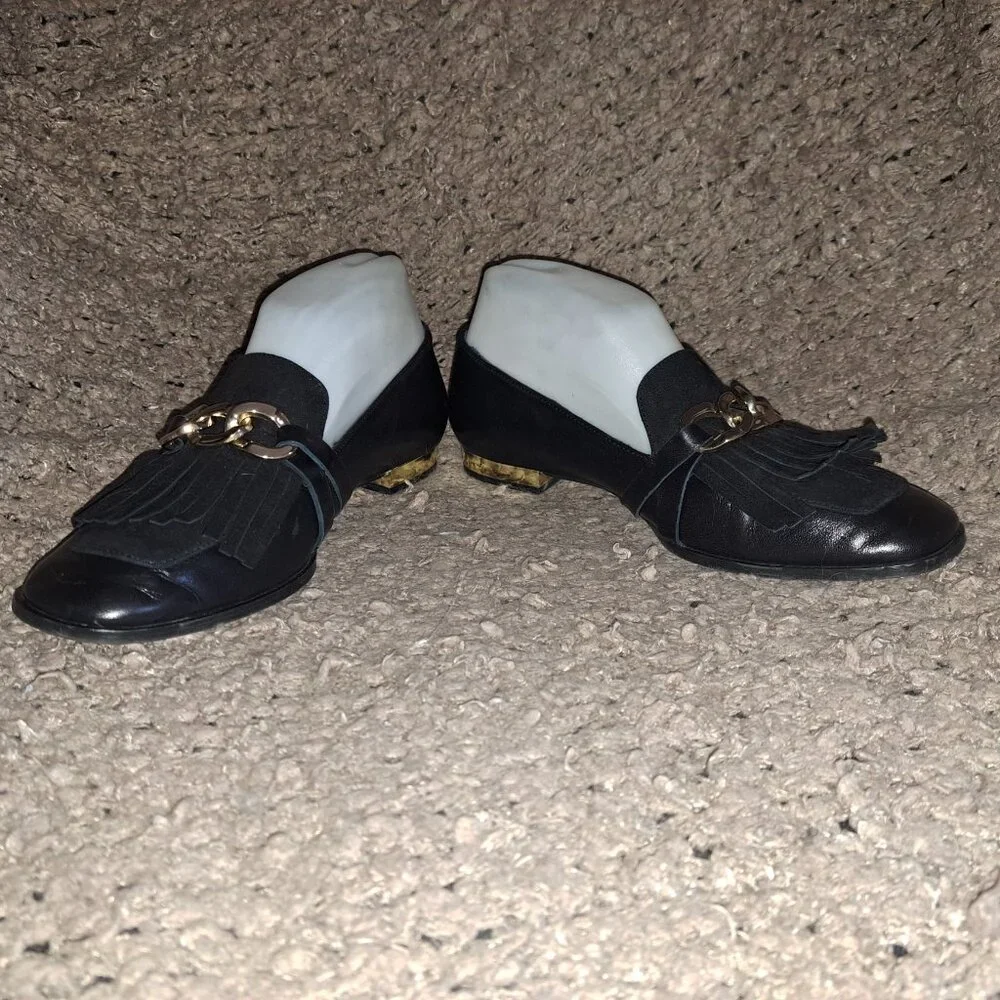 MASSIMO DUTTI-Black Nappa Leather Chain Suede Kiltie Loafers-Sz 37-Excellent - Picture 4 of 8